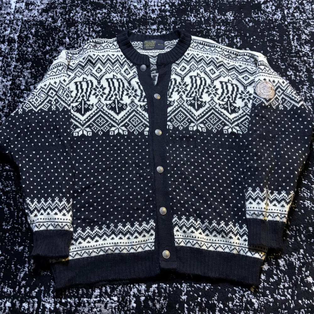 Devold of Norway Vintage Nordic Wool Cardigan Viking Ship Black Cream Mens XL